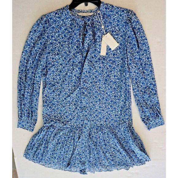Rebecca Taylor Women's Sz S Delft Fleur Indigo Combo Belted Silk Mini Dress - Picture 11 of 12
